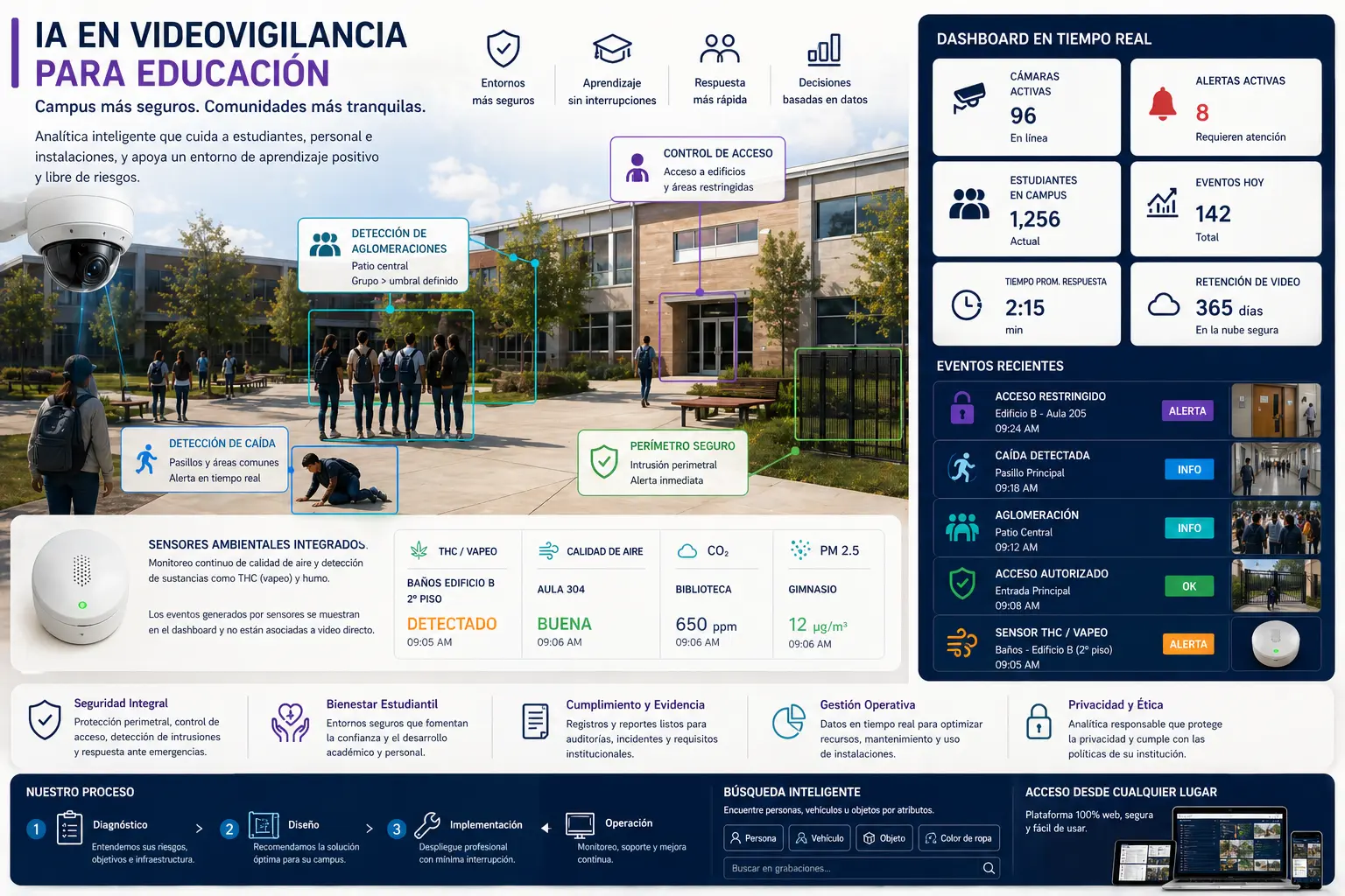 Analíticas de videovigilancia con IA y sensores ambientales para educación